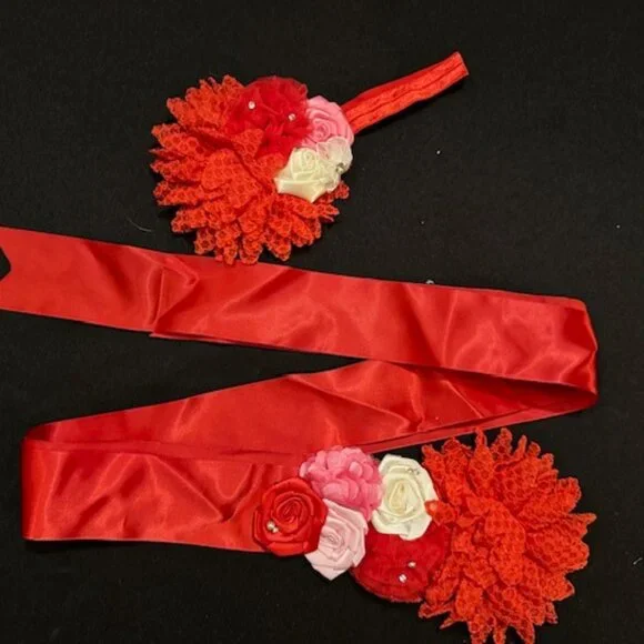 Red Maternity Sash & Headband Set 7305 Handmade NWT Boutique - Picture 1 of 3